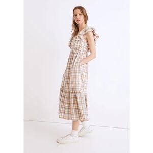 Madewell Ruffle-Sleeve Tiered Midi Dress Plaid Brown Blue White Square Neck 2